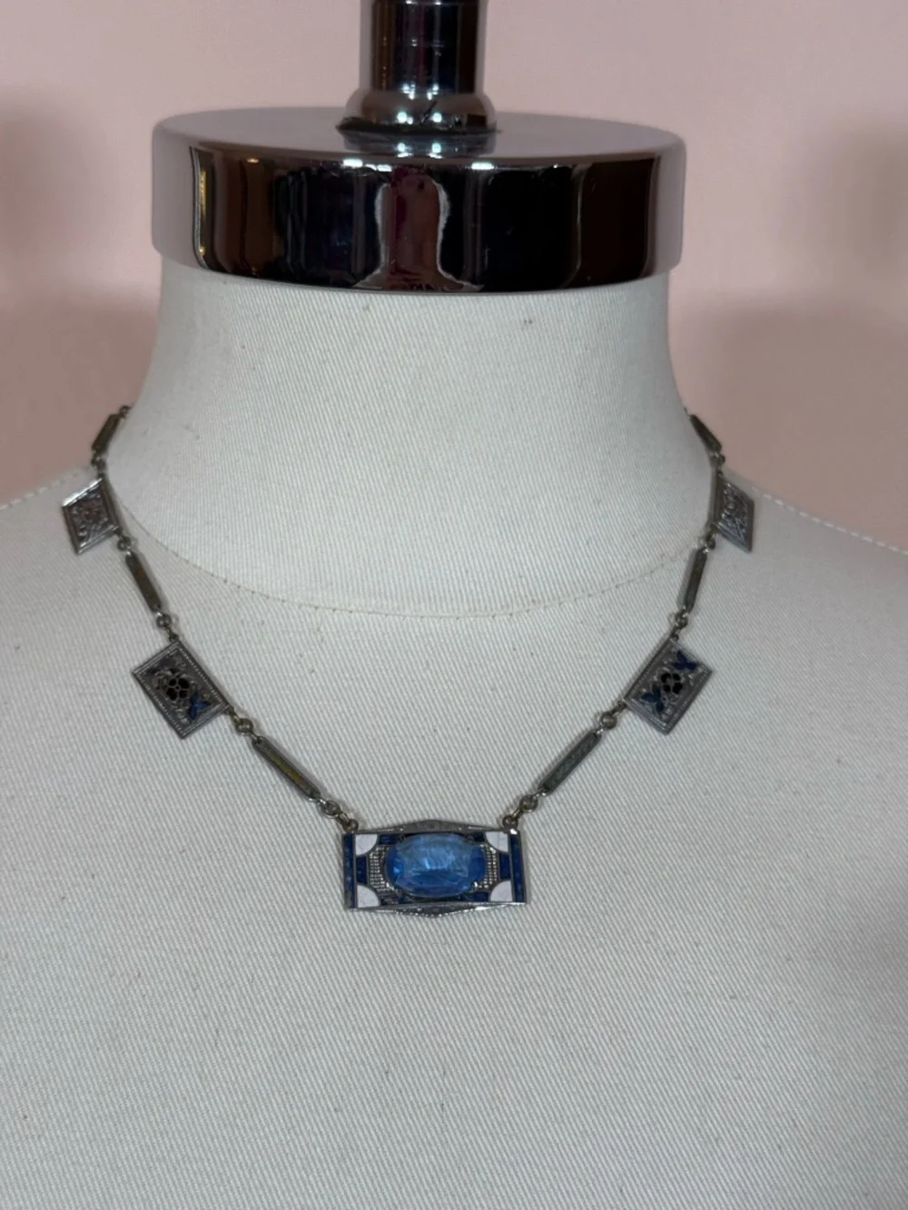 Antique Art Deco 1920 Blue Checho Glass Guilloche enamel choker Necklace - Picture 7 of 17